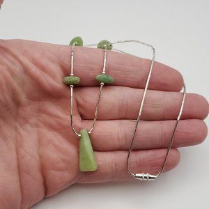 18 Inch 925 Sterling Silver Green Stones Liquid Silver Necklace